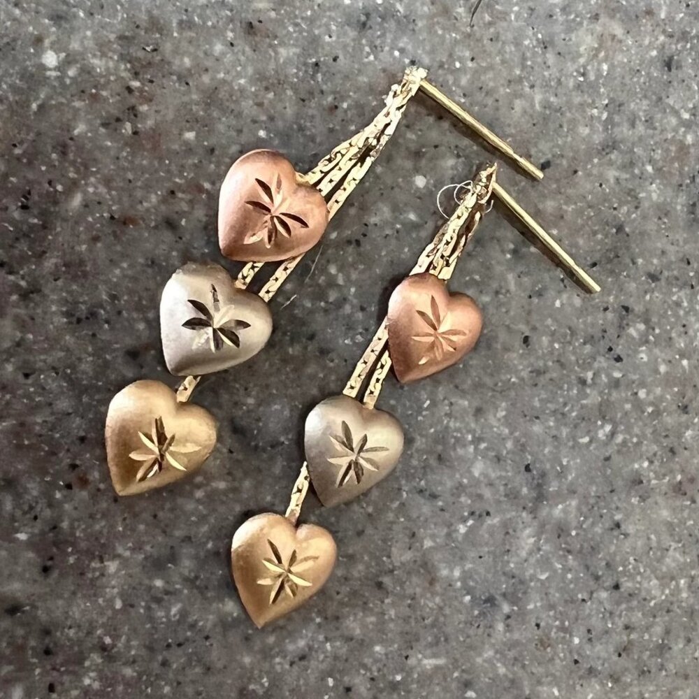 Vintage 14K Yellow Gold Rose Gold & White Gold Dangle Heart Earrings